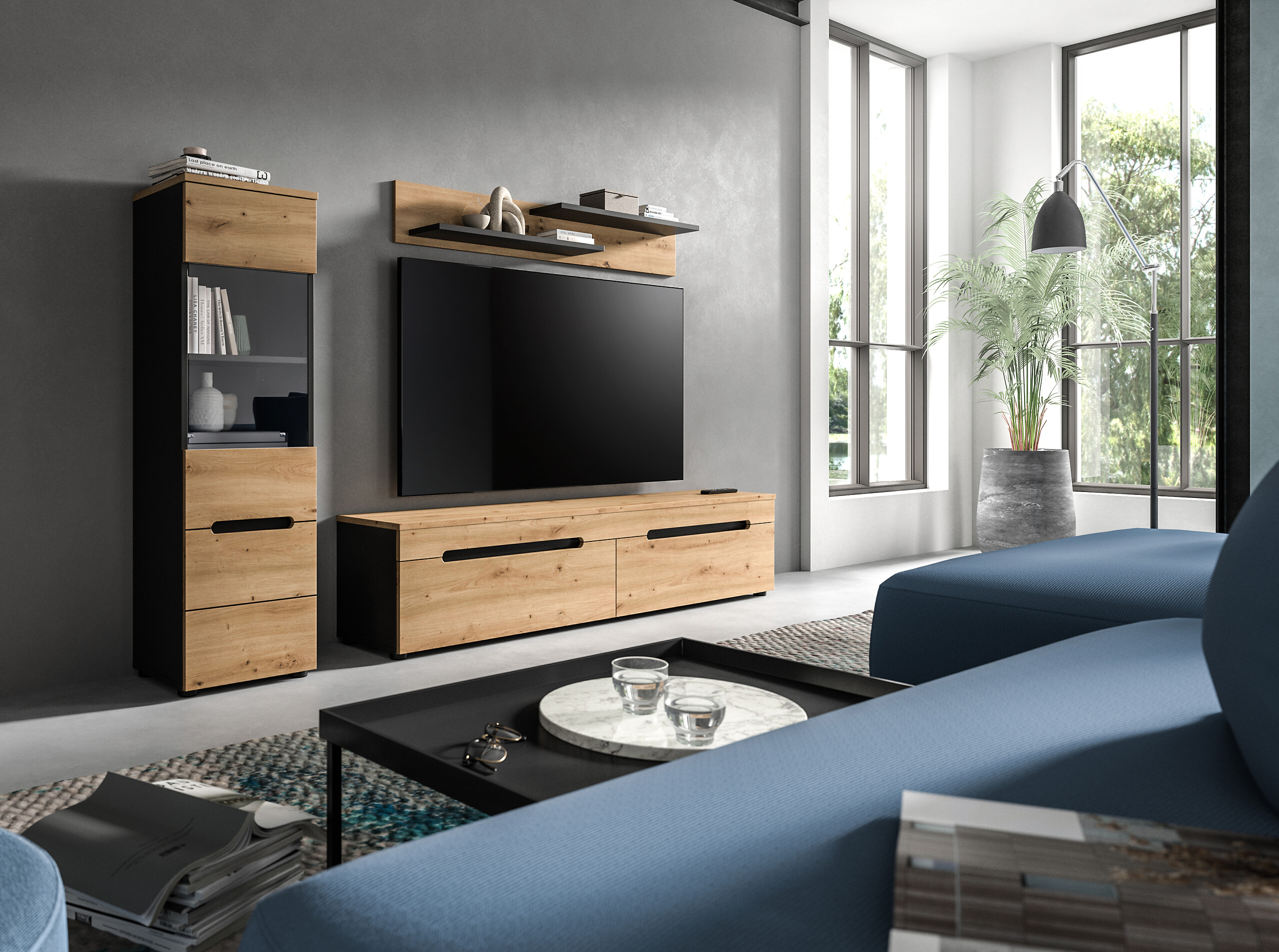 Vitrine Canu basaltgrau Nachbildung Artisan Oak Nachbildung B/H/T: ca. 36x125x33 cm