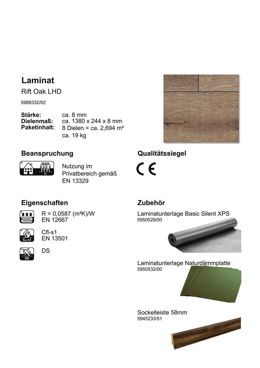 Laminatboden Rift Oak ca. 2,694 m² im Paket  B/L: ca. 24,4x138 cm pro Paket