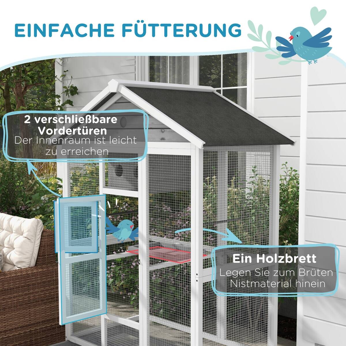 PawHut Vogelkäfig grau Holz B/H/L: ca. 68x154x112 cm