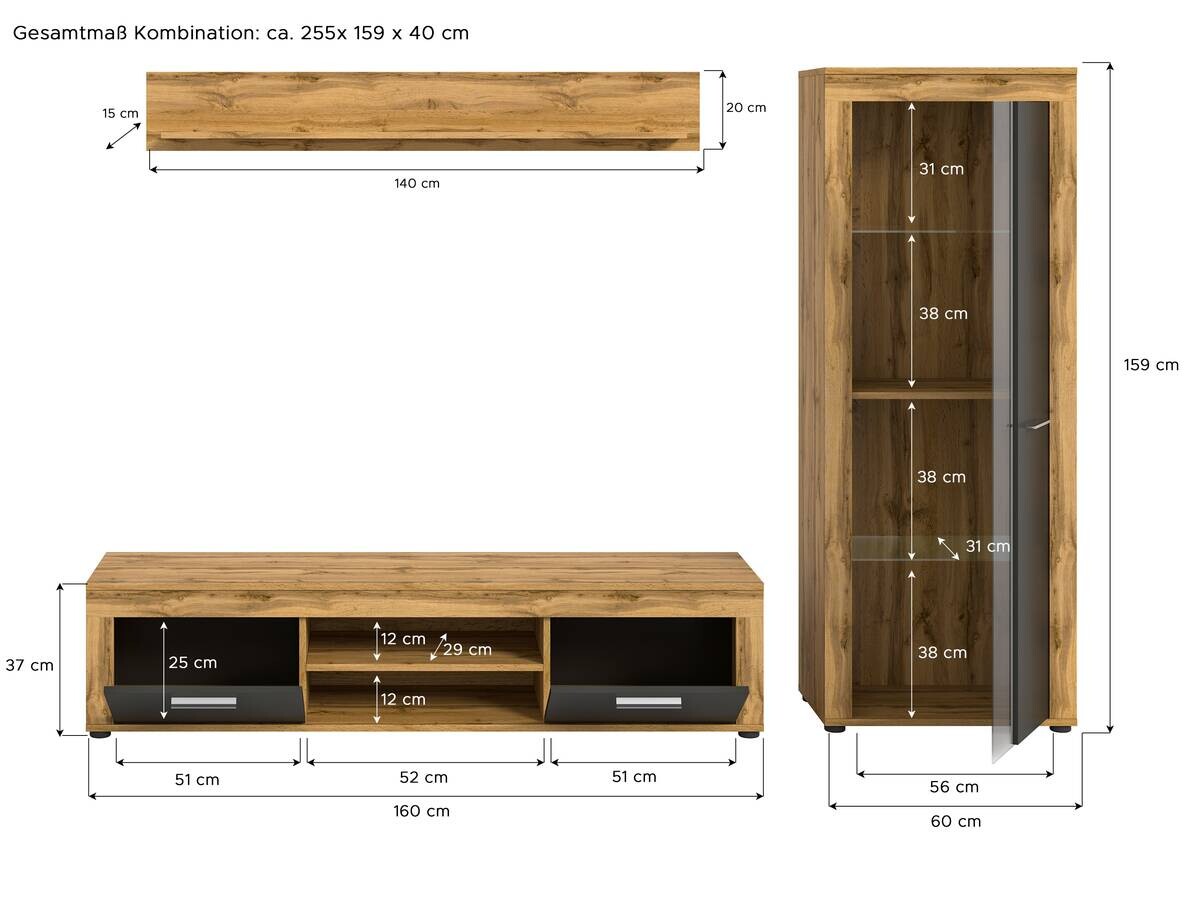 Wohnwand Jam Eiche Wotan Nachbildung grau B/H/T: ca. 235x159x35 cm