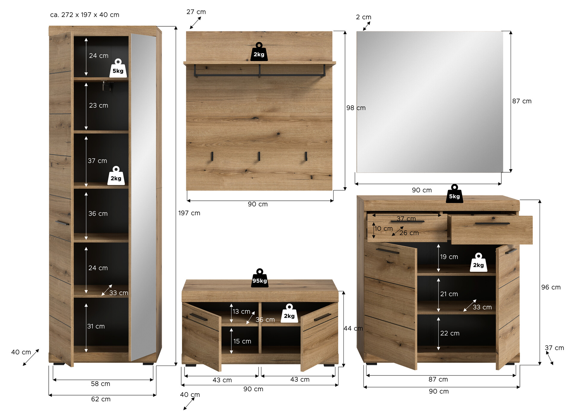 Garderobe SCOUT Evoke Oak Nachbildung B/H/T: ca. 272x197x40 cm