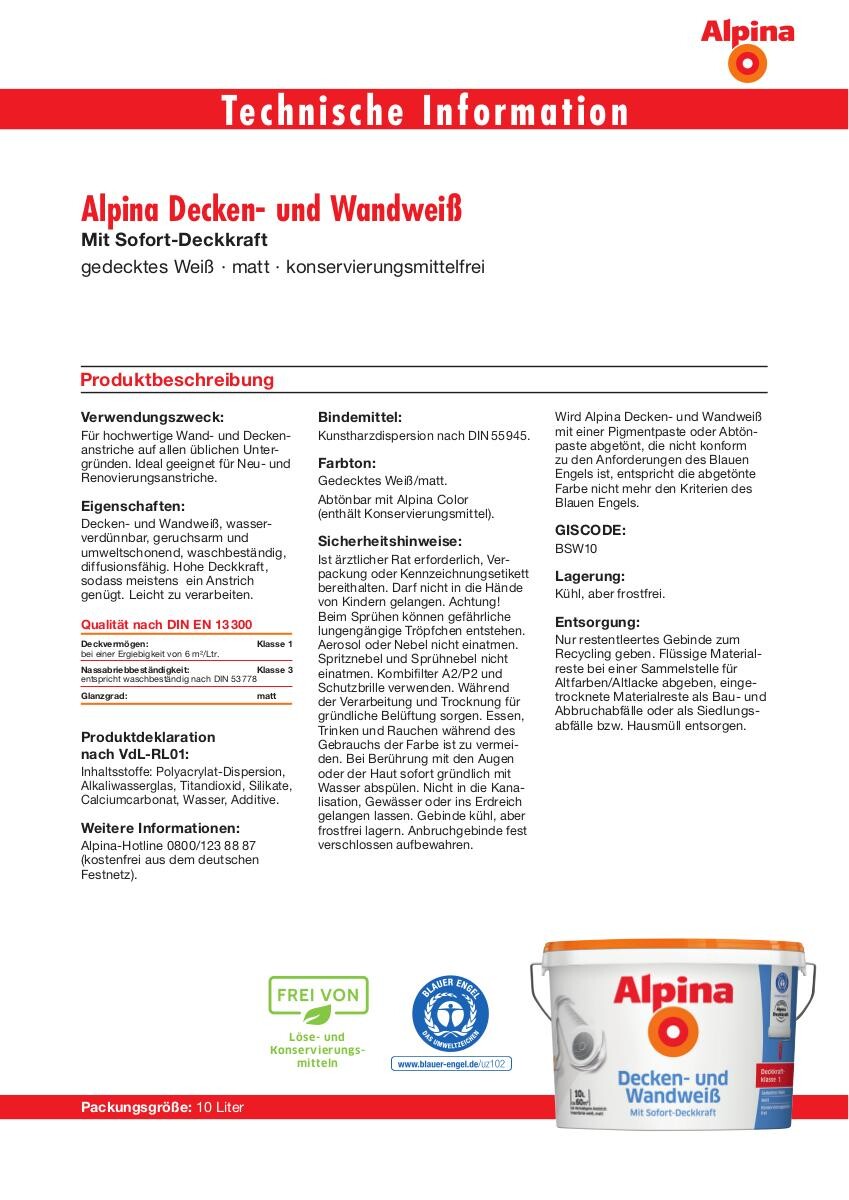 Alpina Raumfarbe weiß ca. 10 l