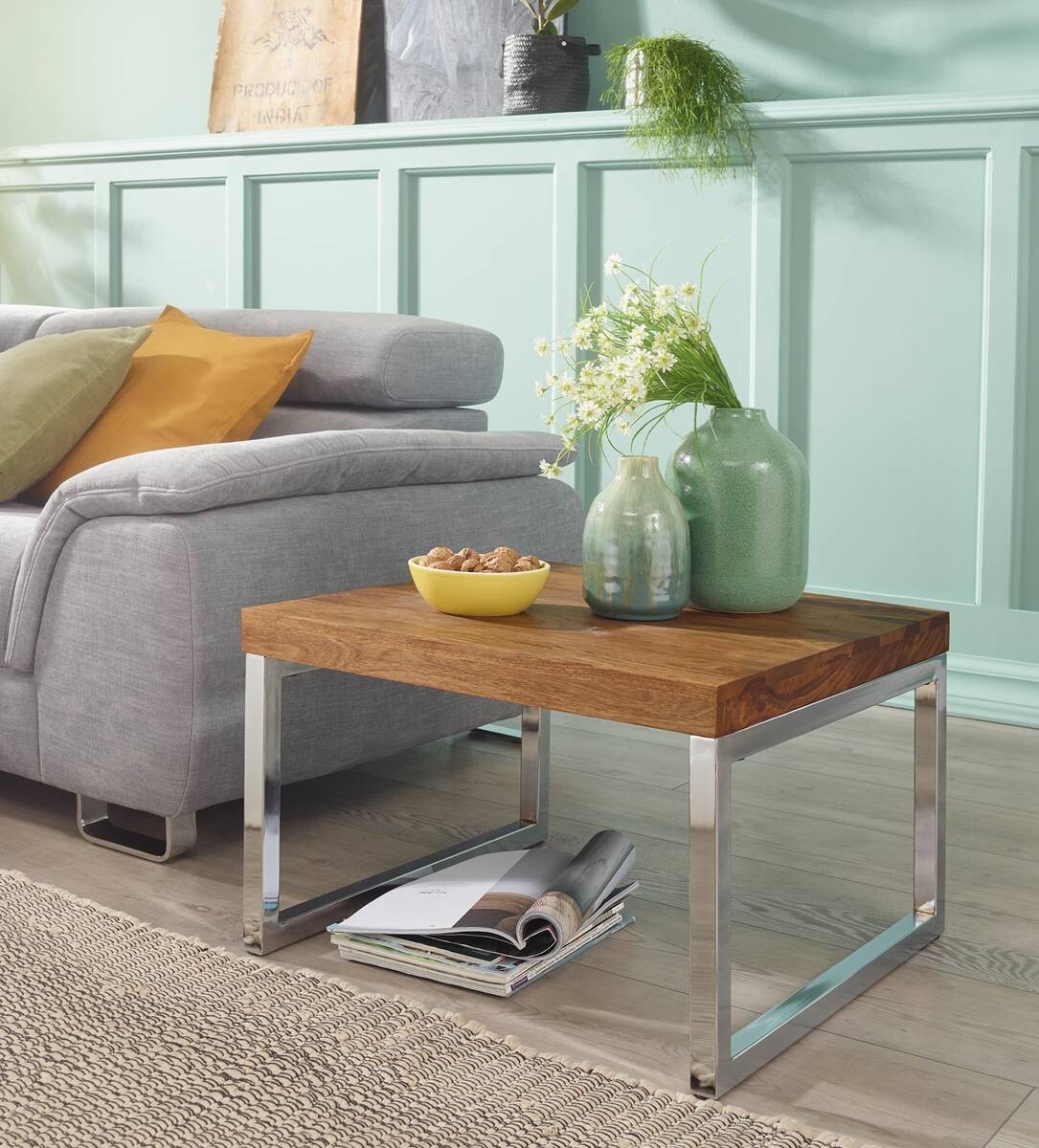 Beistelltisch natur Chrom verchromt Echtholz Metall B/H/T: ca. 60x40x60 cm