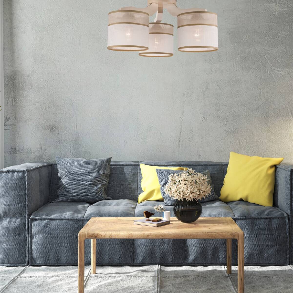 Lamkur Deckenleuchte ANDREA 27319 birke weiß Holz Stahl Stoff H/L: ca. 23x40 cm E27 3 Brennstellen