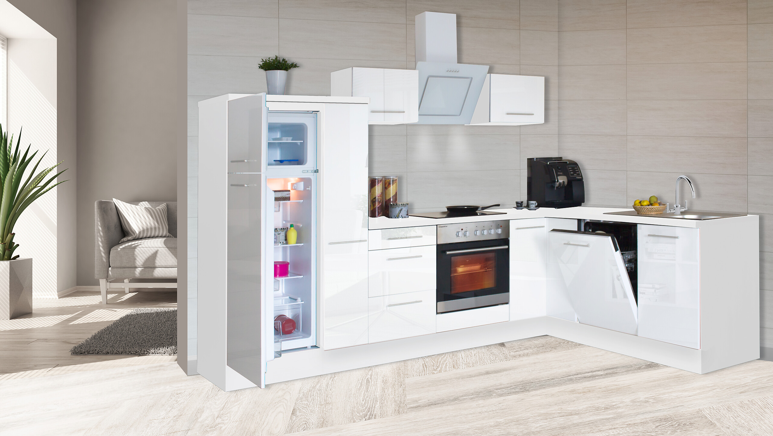 Respekta Winkelküche Amanda weiß Hochglanz B/T/L: ca. 290x60x200 cm