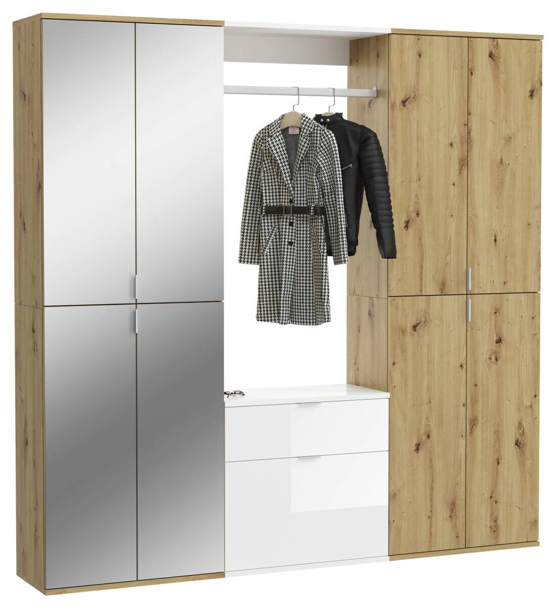 Garderobe PROJEKT Eiche Artisan Nachbildung weiß Hochglanz Spiegel B/H/T: ca. 183x193x34 cm Garderobe PROJEKT Eiche Artisan Nachbildung weiß Hochglanz Spiegel B/H/T: ca. 183x193x34 cm