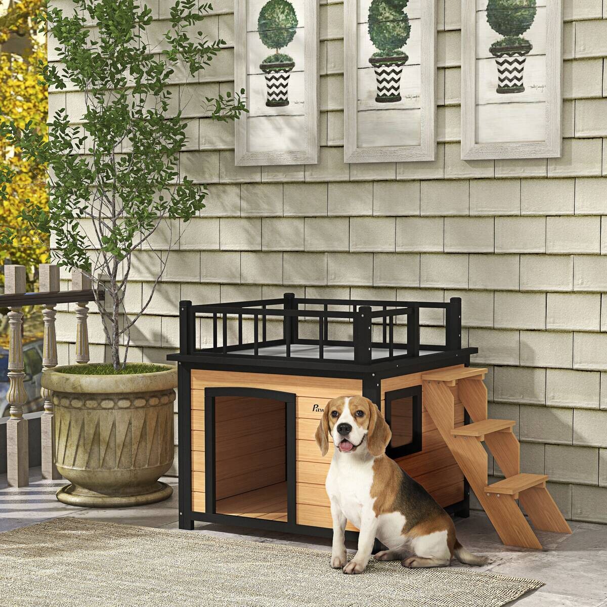 PawHut Hundehütte gelb Holz B/H/L: ca. 77x78x121 cm