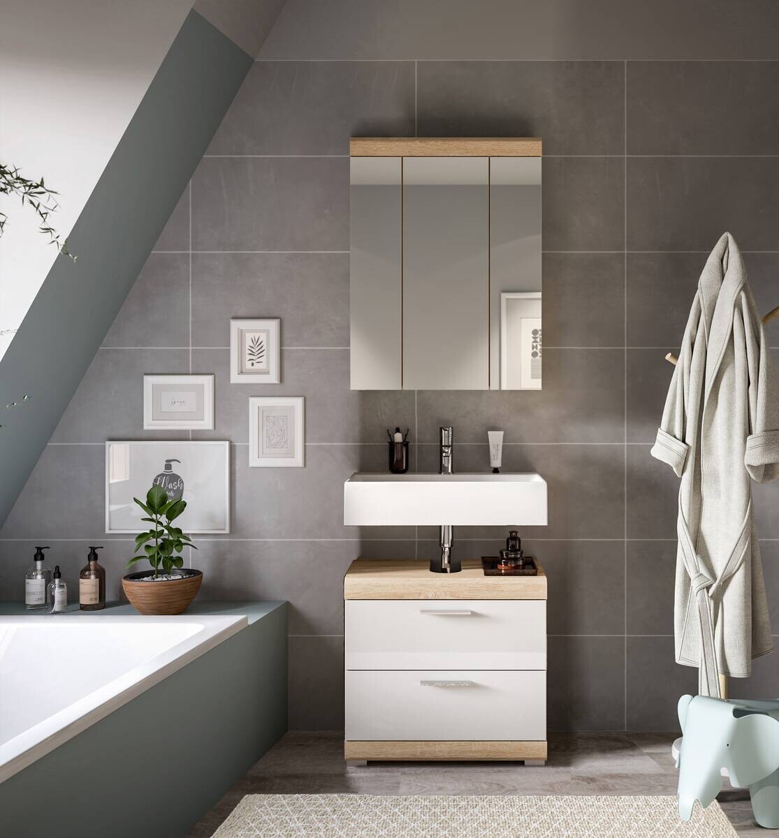 Badezimmer-Set Lambada Eiche Sonoma Nachbildung weiß Hochglanz B/H/T: ca. 60x191x37 cm