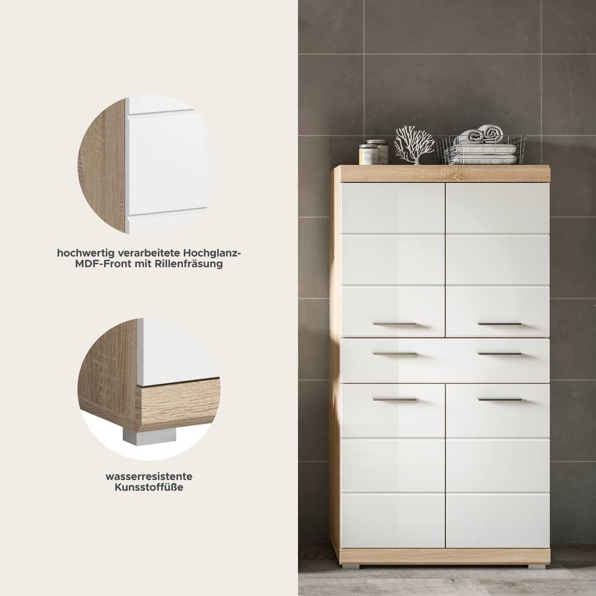 Midischrank Lambada Eiche Sonoma Nachbildung weiß Hochglanz B/H/T: ca. 74x141x31 cm