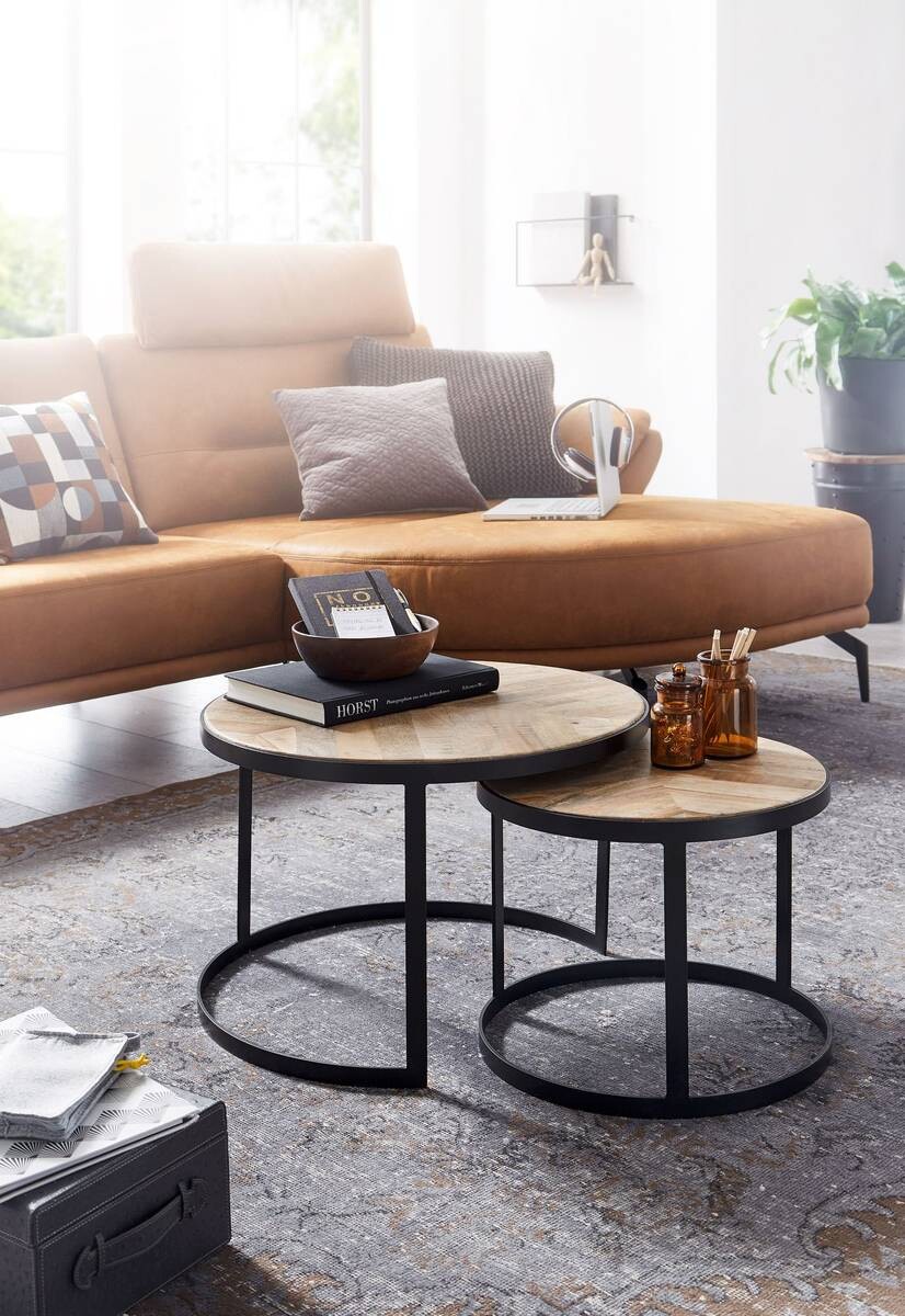 Beistelltisch 2er-Set. natur natur schwarz pulverbeschichtet Akazie MDF Eisen