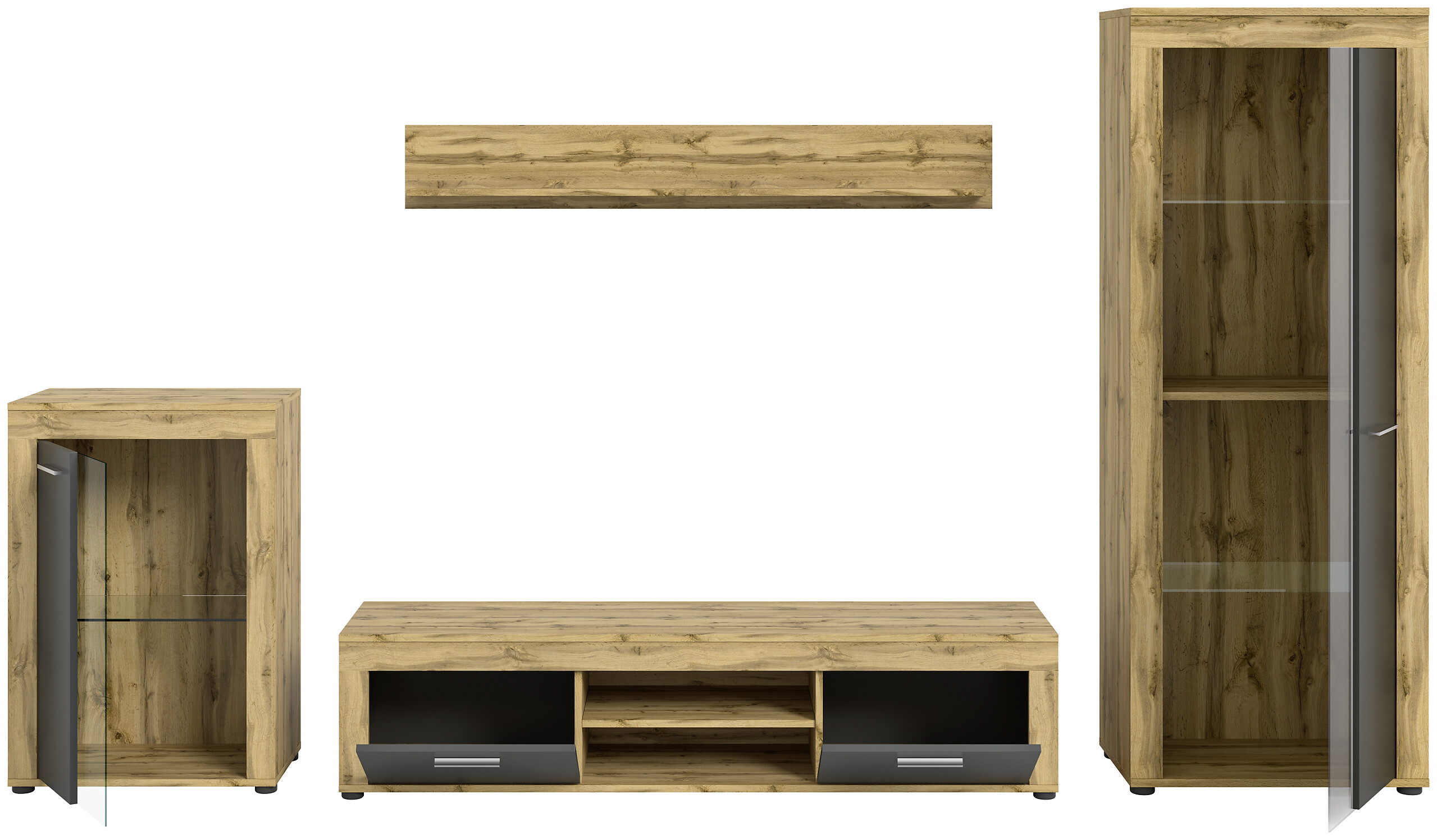 Wohnwand Jam Eiche Wotan Nachbildung grau B/H/T: ca. 310x169x35 cm