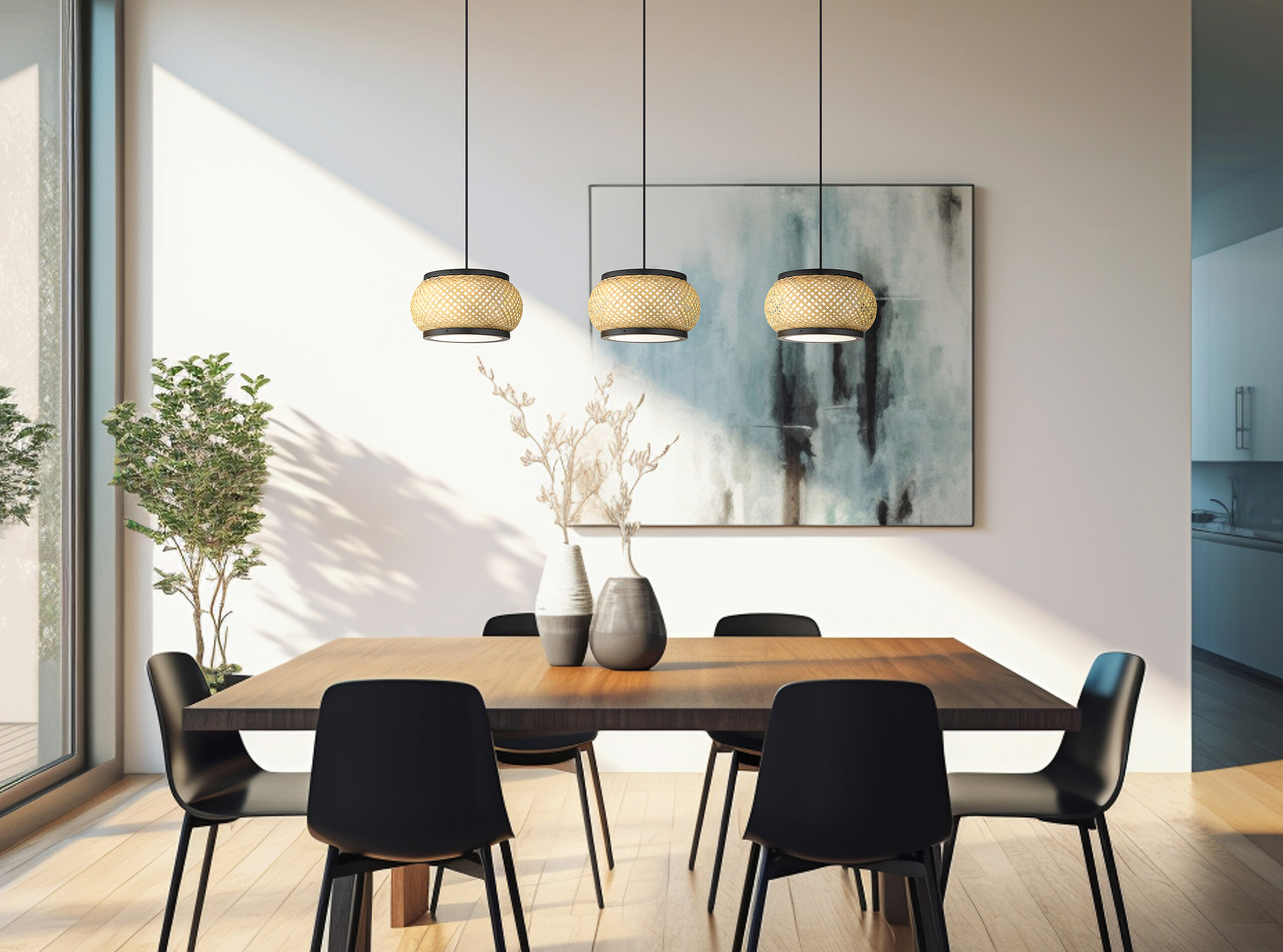 GLOBO Pendelleuchte natur mattschwarz Metall Bambus B/H/L: ca. 22x120x92 cm 1.0 Brennstellen