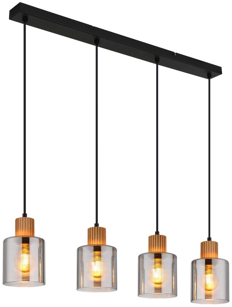 GLOBO Pendelleuchte Aleidis Rauch schwarz dunkelbraun Glas Metall Holz B/H/L: ca. 12x120x78 cm E27 4 Brennstellen
