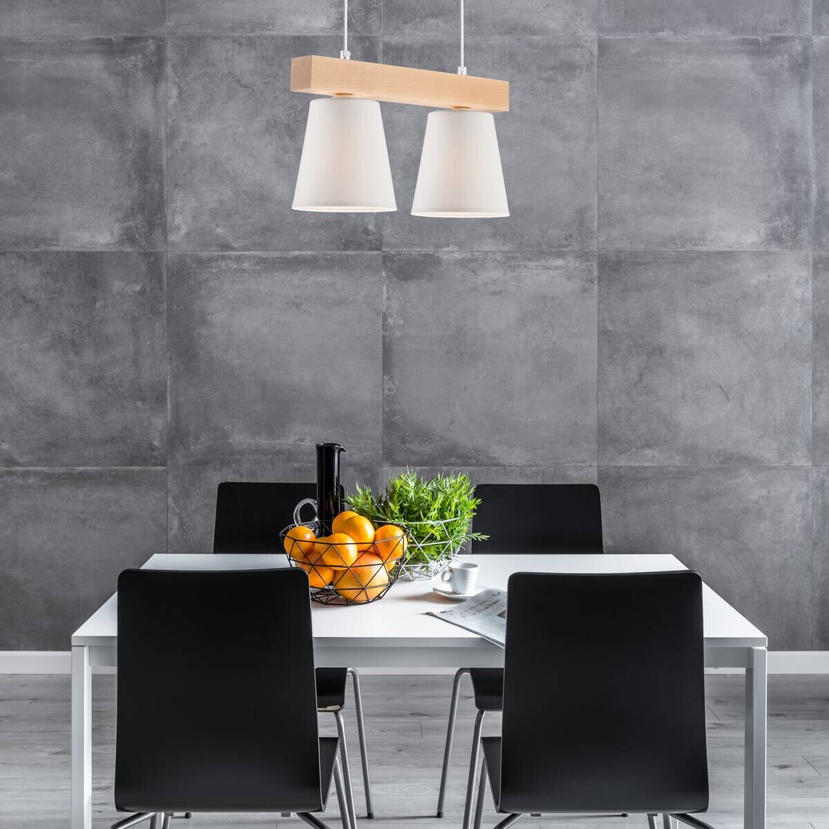 Lamkur Hängeleuchte weiß Stahl Holz B/H/L: ca. 35x20x38 cm E27 2 Brennstellen