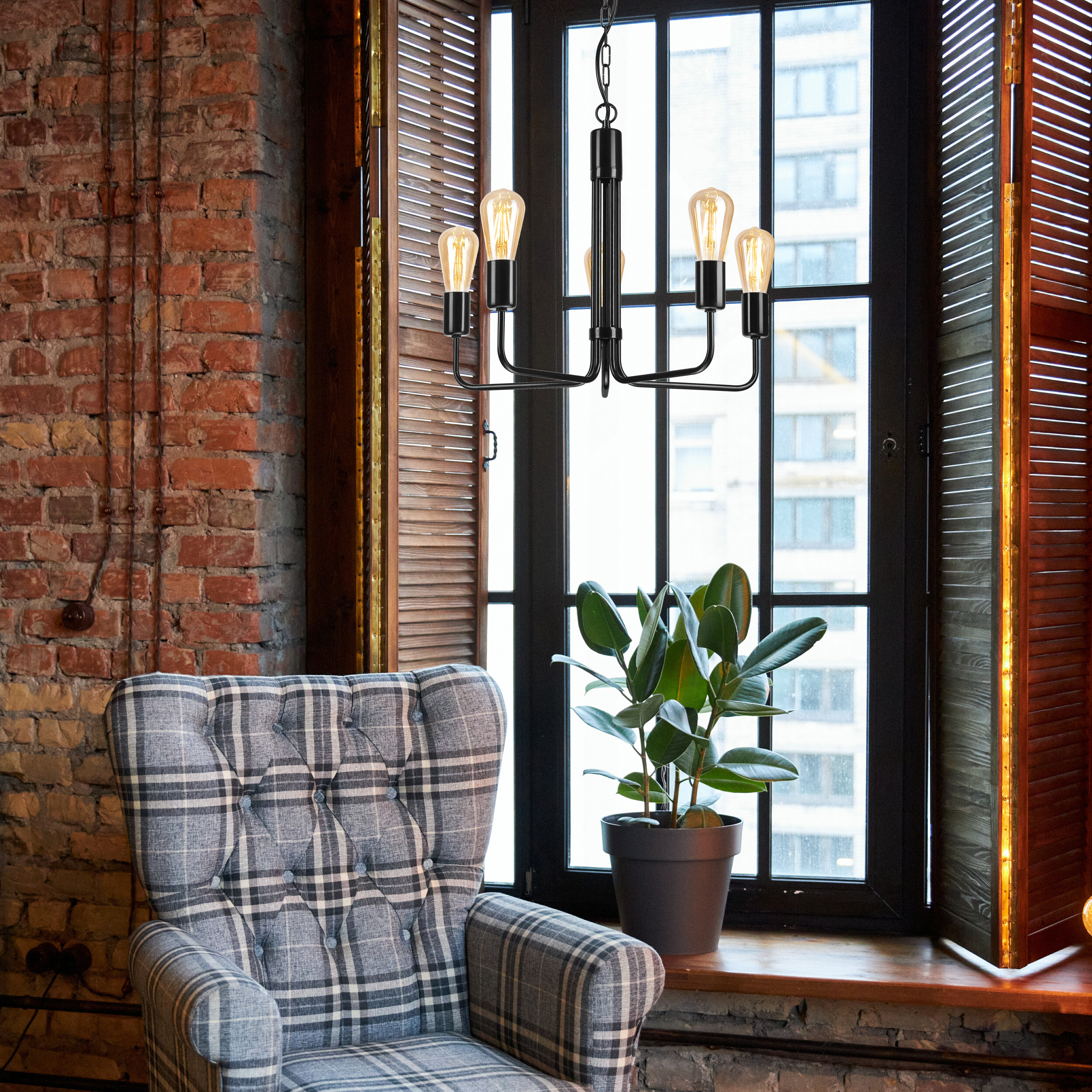 Lamkur Pendelleuchte schwarz Stahl B/H/L: ca. 54x98x54 cm E27 5 Brennstellen