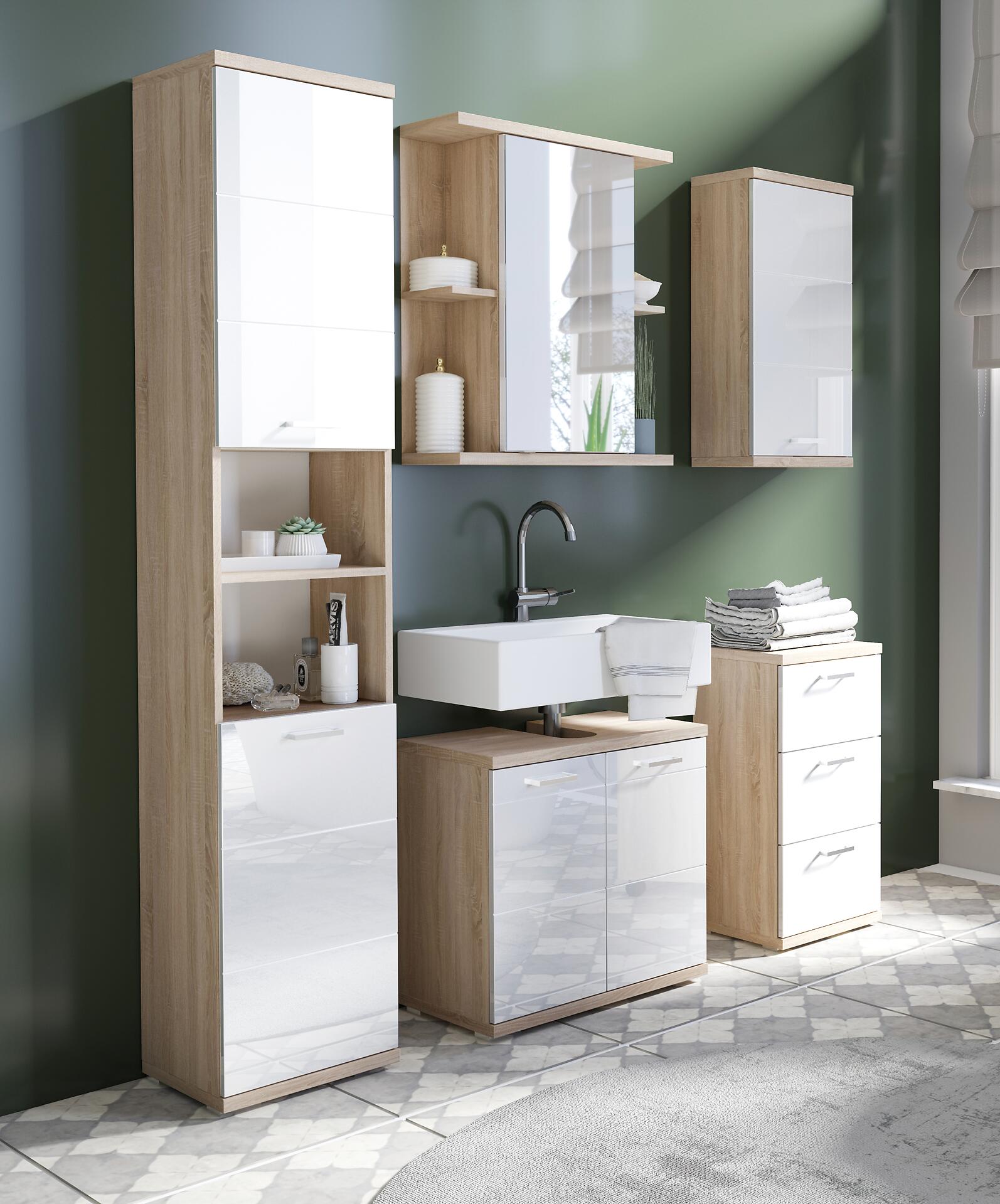 Waschbeckenunterschrank NEBRASKA Eiche Nachbildung weiß Lack Hochglanz silber B/H/T: ca. 60x59x31,5 cm