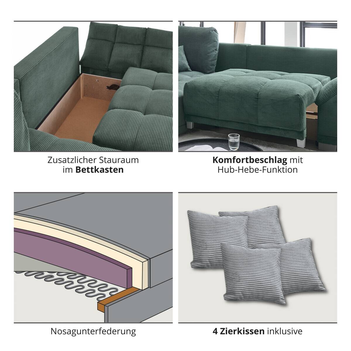 Ecksofa mit Bettfunktion und Bettkasten olive Microfaser B/H/T: ca. 288x78x179 cm