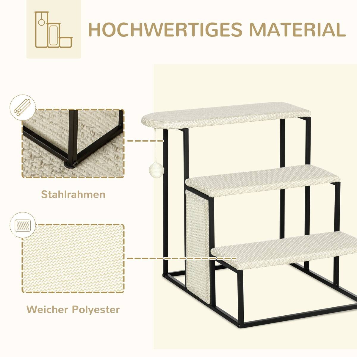 PawHut 3-stufige Haustiertreppe mit Kratzbrett schwarz Edelstahl B/H/L: ca. 54x51x53 cm