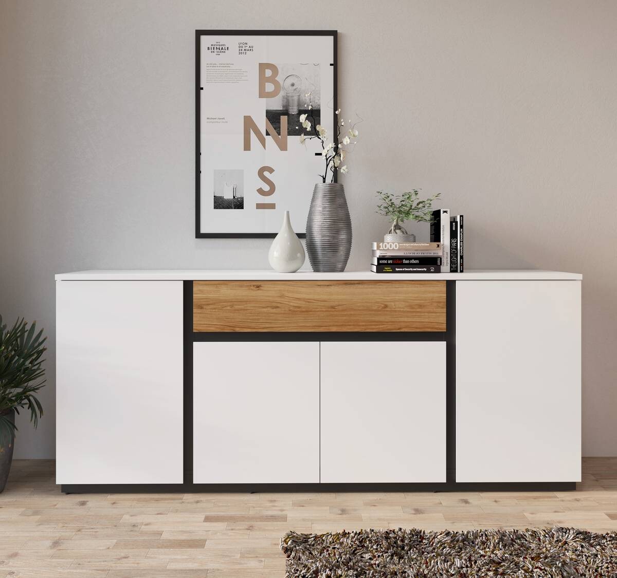 Sideboard Novena weiß Eiche Catania Nachbildung schwarz matt B/H/T: ca. 209x87x40 cm