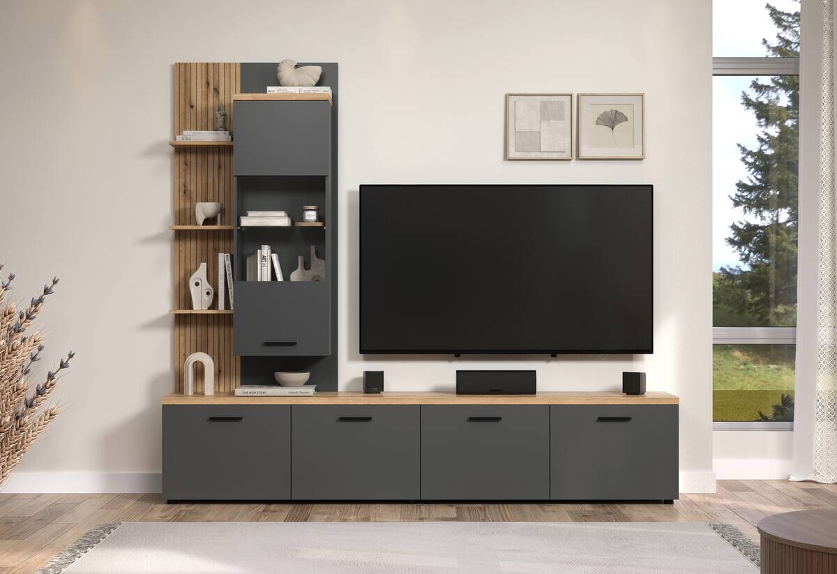 Wohnwand Baggio Eiche Evoke Coast Nachbildung anthrazit B/H/T: ca. 240x211x40 cm