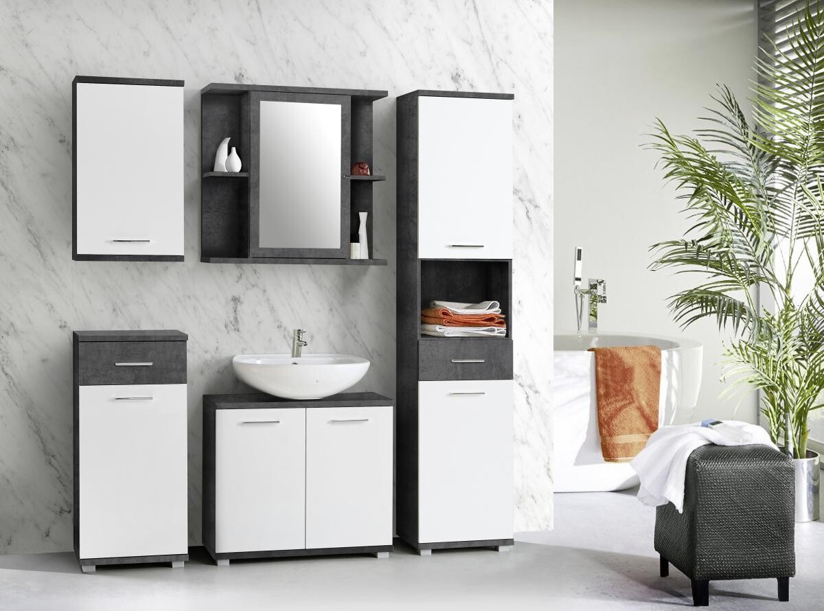 Badhängeschrank Beton dunkel Optik weiß Hochglanz B/H/T: ca. 40,2x68,8x23,2 cm