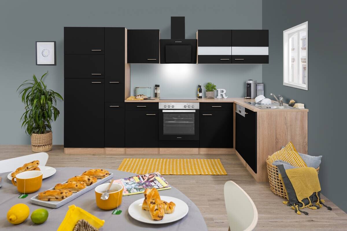 Respekta Winkelküche Economy schwarz matt B/H/T: ca. 310x200x172 cm