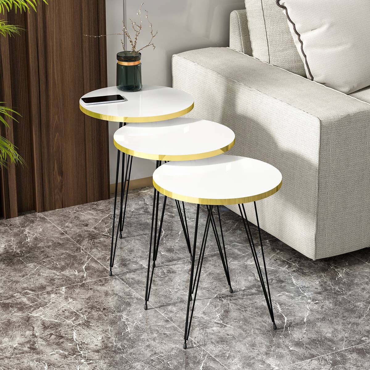 Beistelltisch 3er-Set. 21256290 weiß schwarz Metall B/H/T: ca. 38x53,5x38 cm