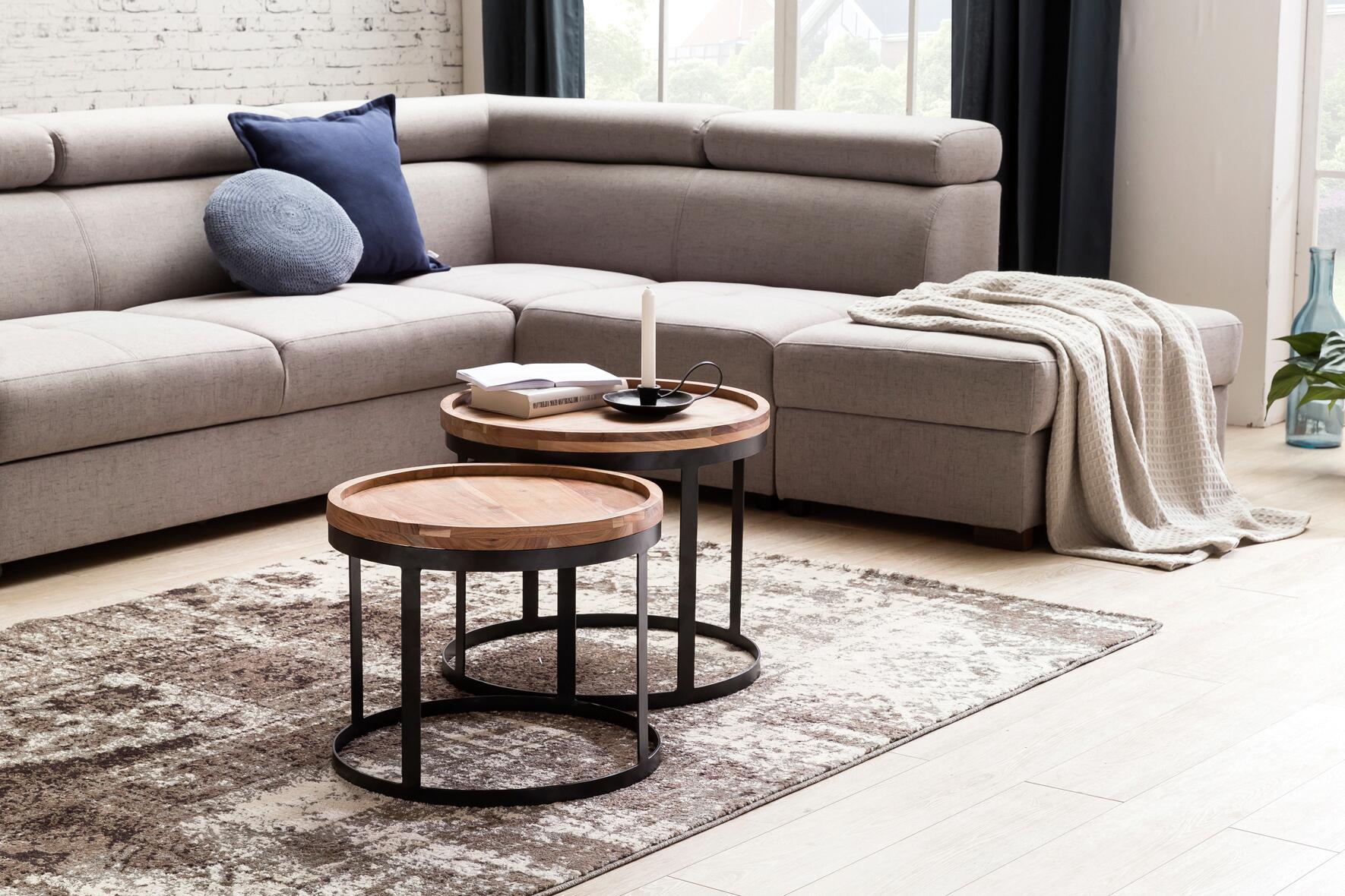 Beistelltisch 2er-Set. natur schwarz Akazie Metall