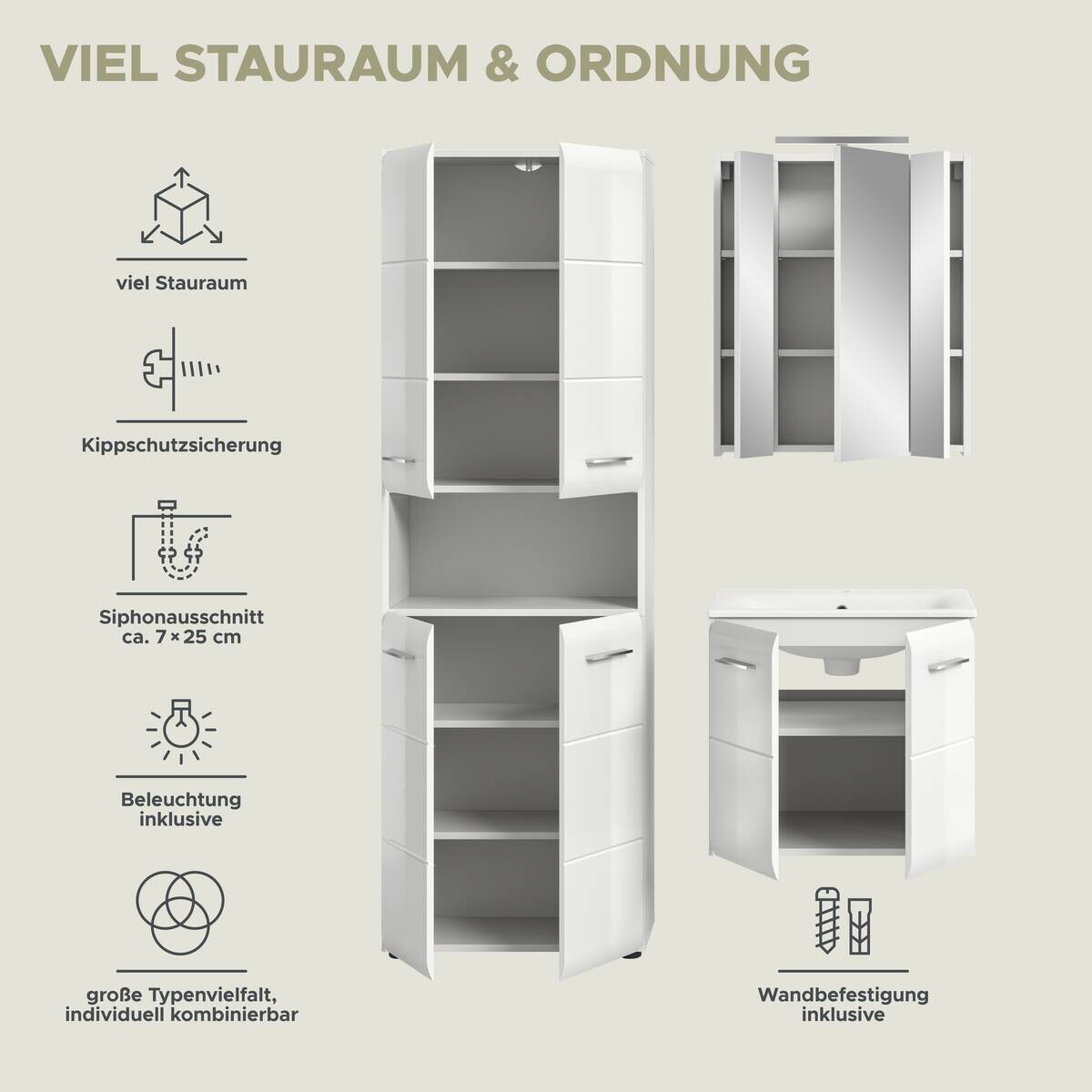 Badezimmer-Set Ice weiß weiß Hochglanz B/H/T: ca. 135x185x46 cm