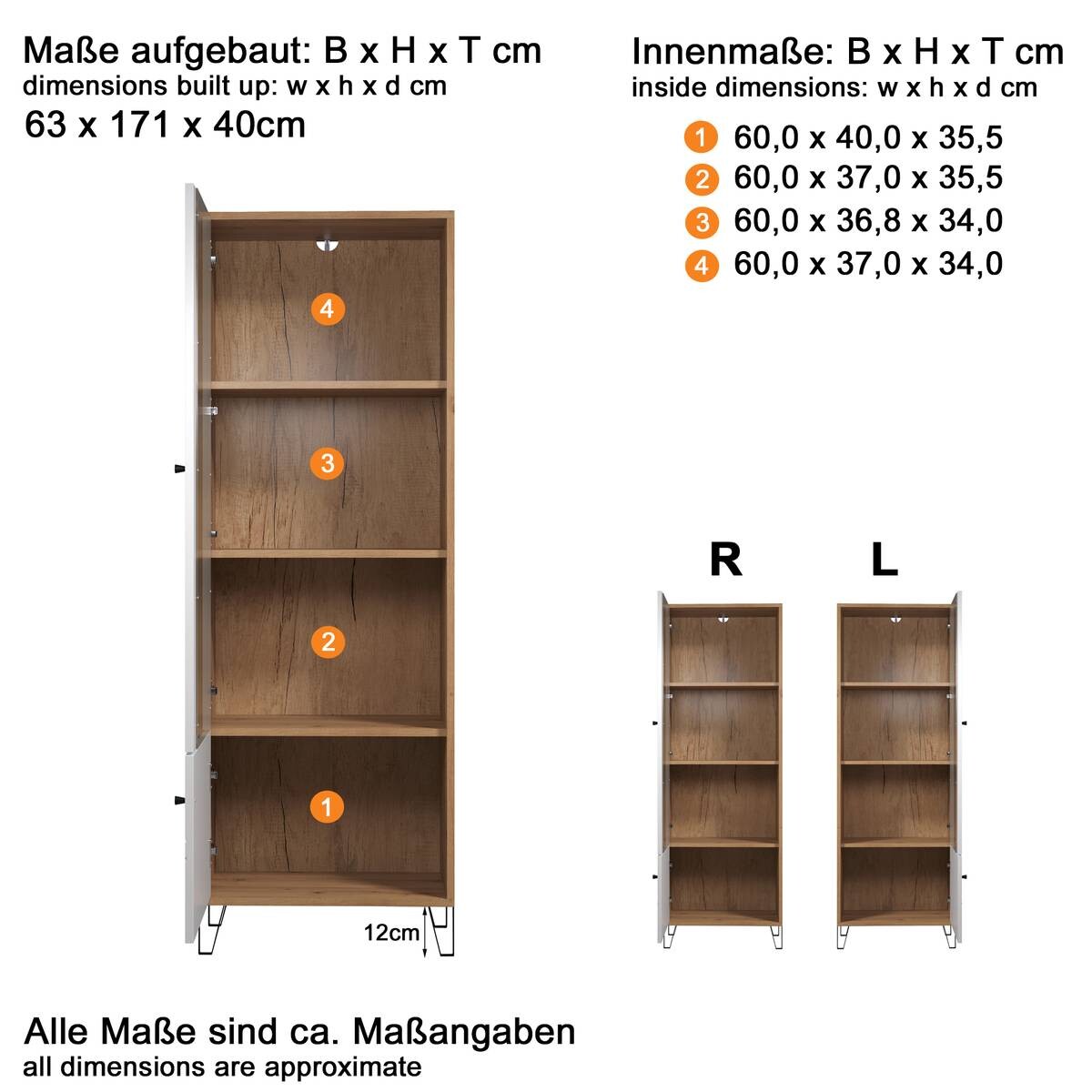 Vitrine Touch weiß matt Eiche Artisan Nachbildung B/H/T: ca. 63x172x40 cm