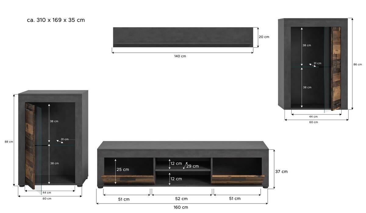 Wohnwand Jam Matera Nachbildung Old Wood Nachbildung B/H/T: ca. 169x310x35 cm