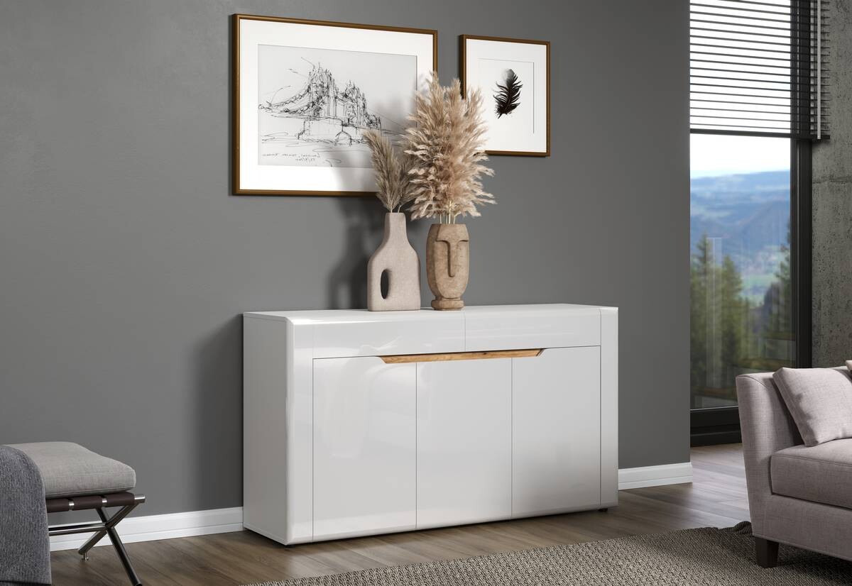 Sideboard Marlon Eiche Evoke Coast Nachbildung weiß Hochglanz B/H/T: ca. 150x84x40 cm