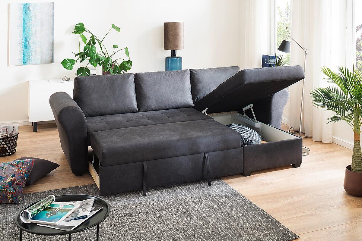 Ecksofa mit Bettfunktion und Bettkasten anthrazit B/H/T: ca. 260x89x155 cm