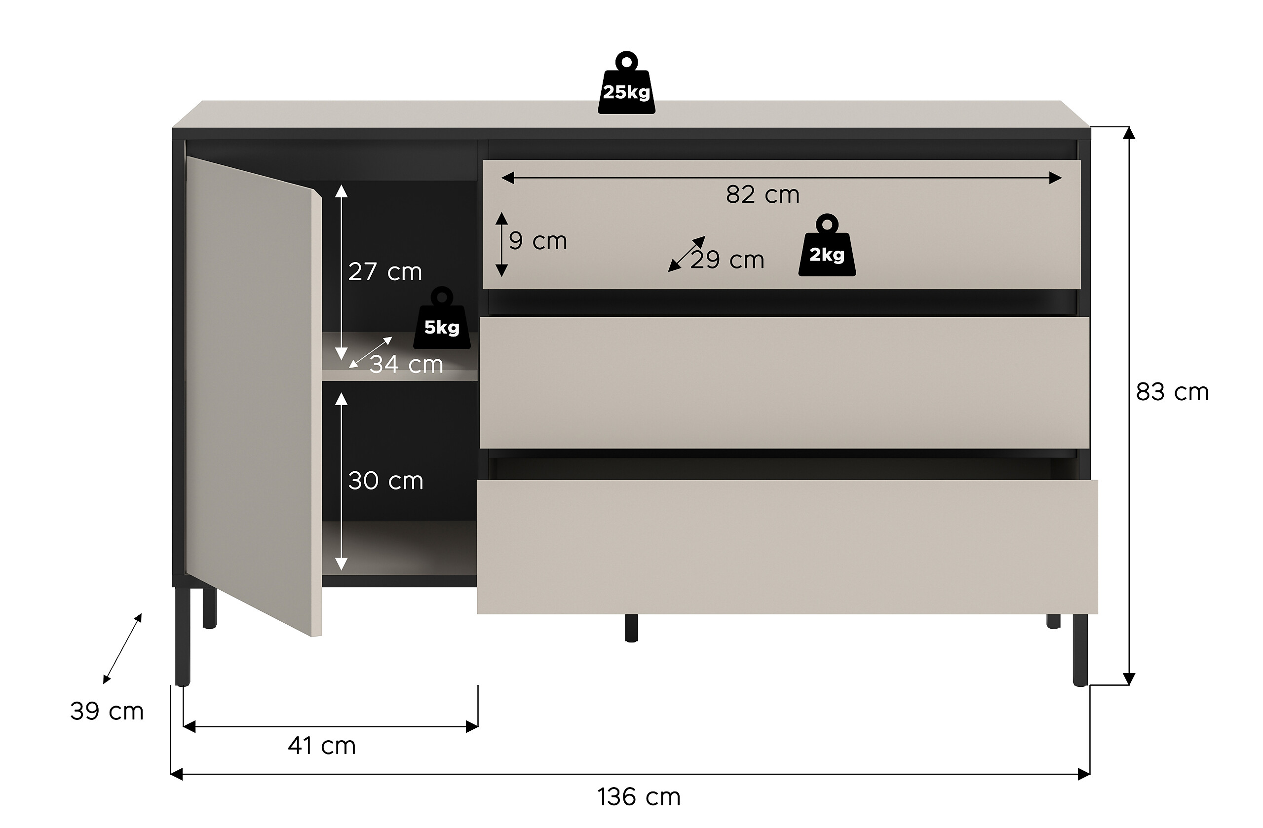 Sideboard Tron Kaschmirgrau Nachbildung schwarz B/H/T: ca. 136x83x38 cm