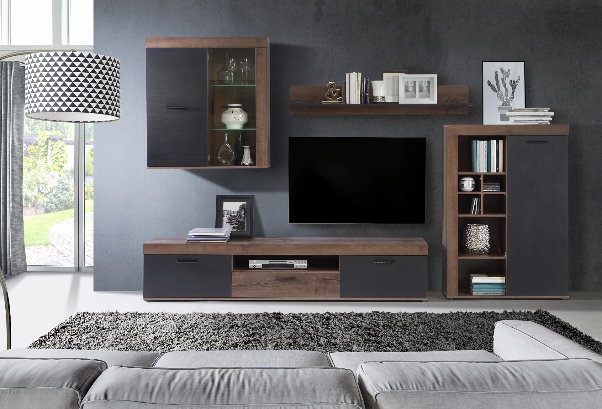 Wohnwand  Eiche Schlamm Nachbildung schwarz Eiche Nachbildung B/H/T: ca. 300x201x39 cm