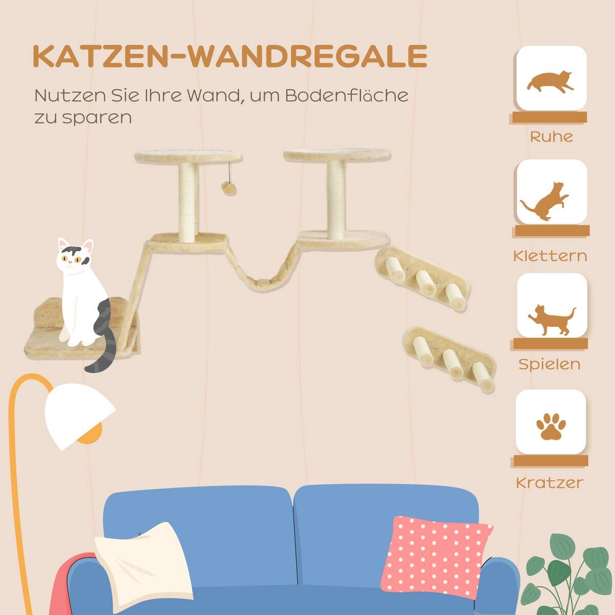 PawHut Katzen Kletterwand Set beige Spanplatte B/H/L: ca. 38,5x83x158 cm