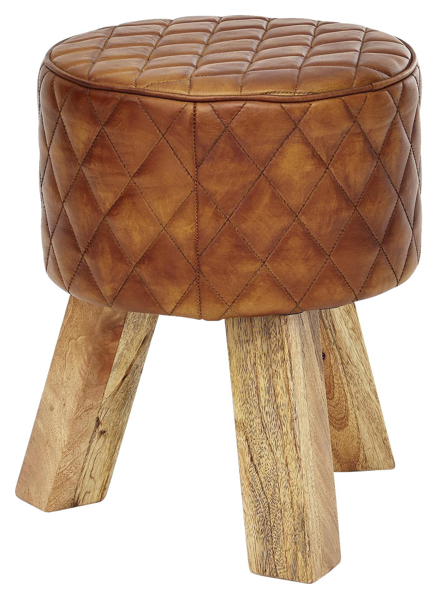 Wohnling Sitzhocker braun natur Leder Echtholz B/H/T: ca. 35x46x35 cm