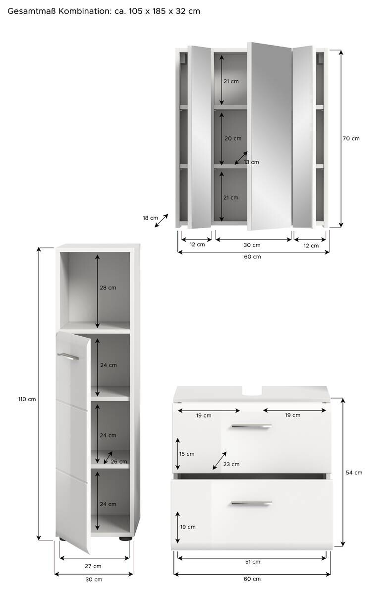 Badezimmer-Set ICE weiß weiß Hochglanz B/H/T: ca. 105x190x32 cm