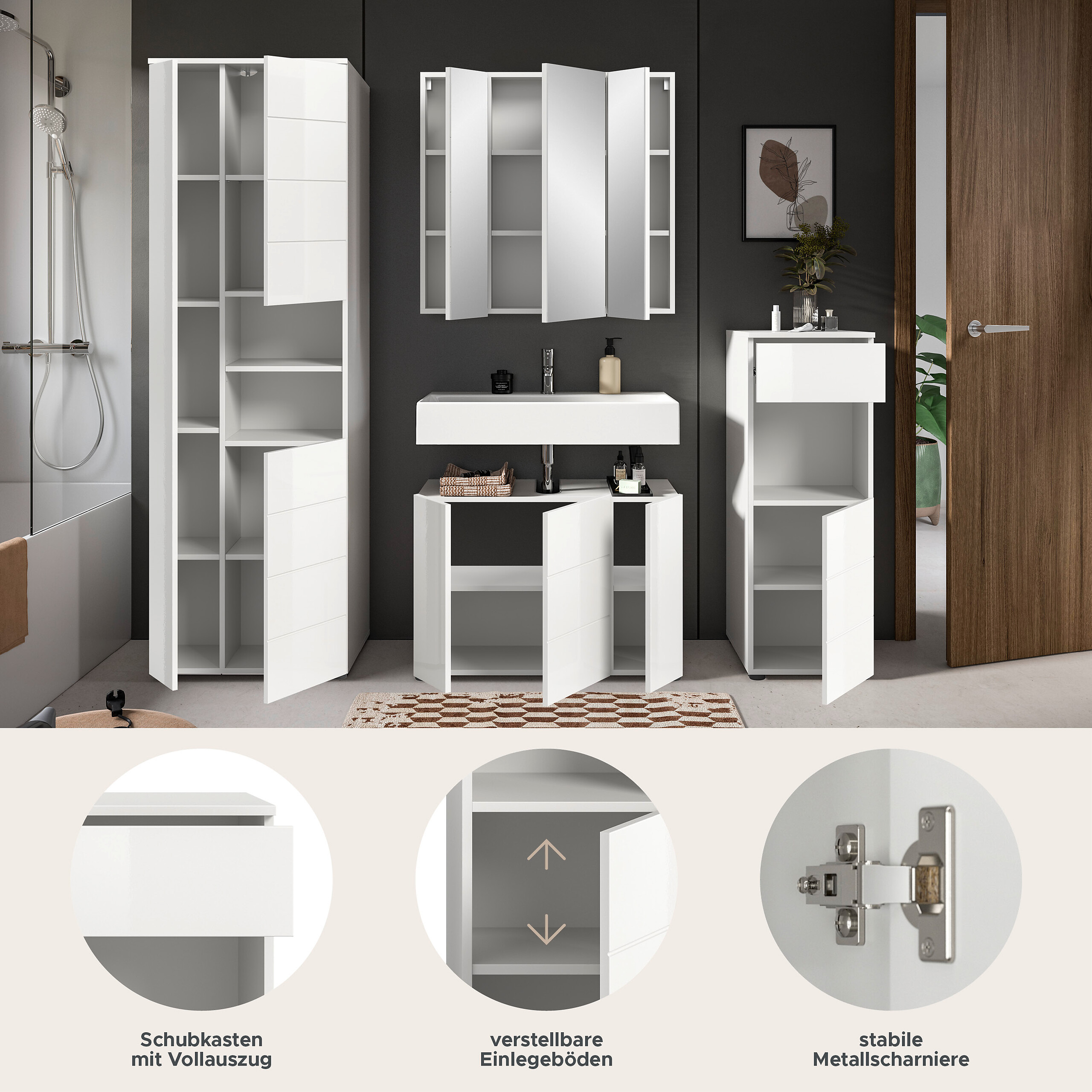 Badezimmer-Set VIRA weiß weiß Hochglanz B/H/T: ca. 210x190x34 cm