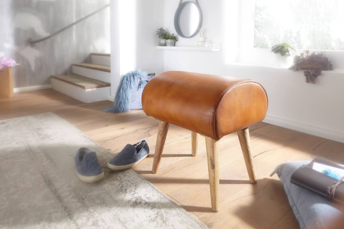 Wohnling Sitzhocker braun natur Leder Echtholz B/H/T: ca. 45x53x40 cm