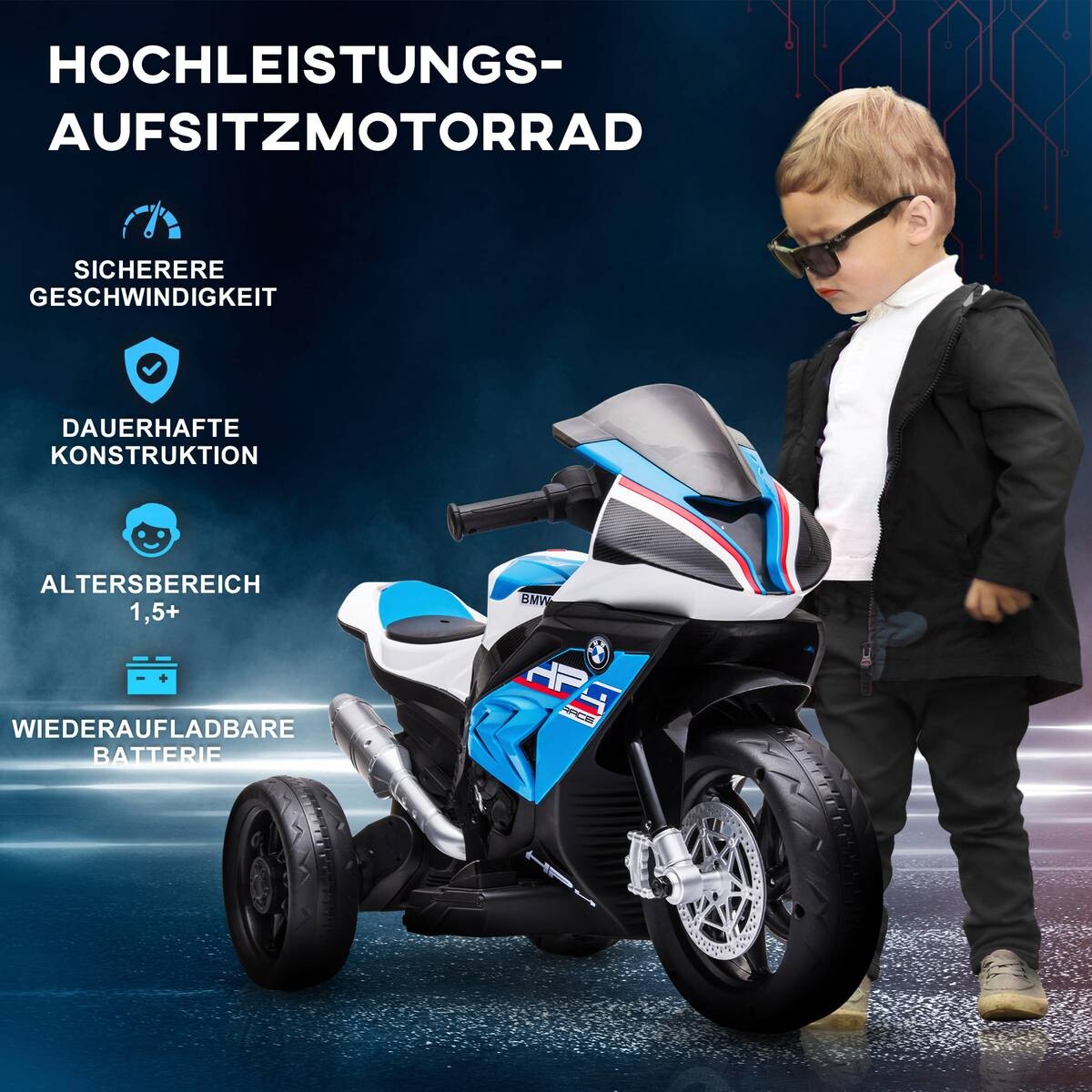 HOMCOM Kinder-Elektromotorrad blau B/H/L: ca. 42x54x82,5 cm