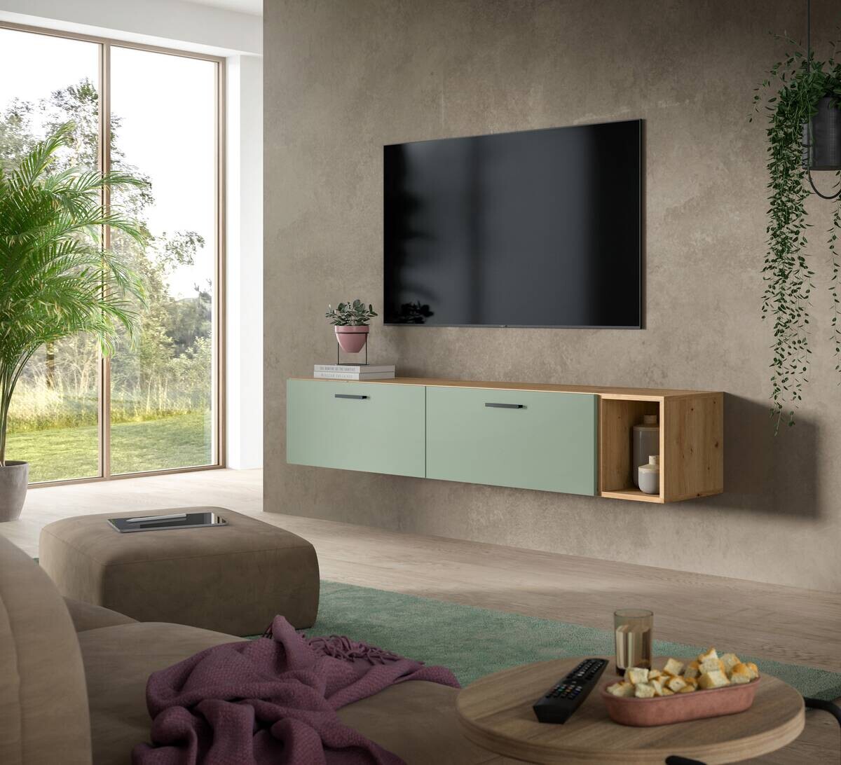 Wohnwand-Set TheOne Eiche Artisan Nachbildung grün B/H/T: ca. 75x32x34 cm