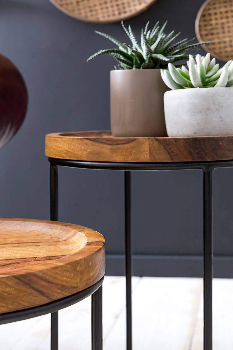 Beistelltisch 2er-Set natur schwarz lackiert Echtholz Eisen