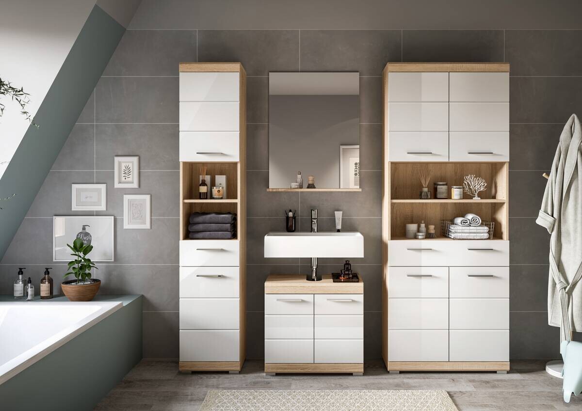 Badhochschrank Lambada Eiche Sonoma Nachbildung weiß Hochglanz B/H/T: ca. 74x191x31 cm