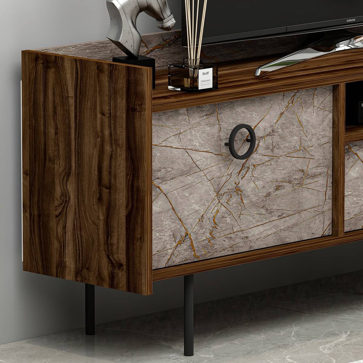 TV-Lowboard Büsra walnuss Nachbildung grau B/H/T: ca. 184x63x37 cm