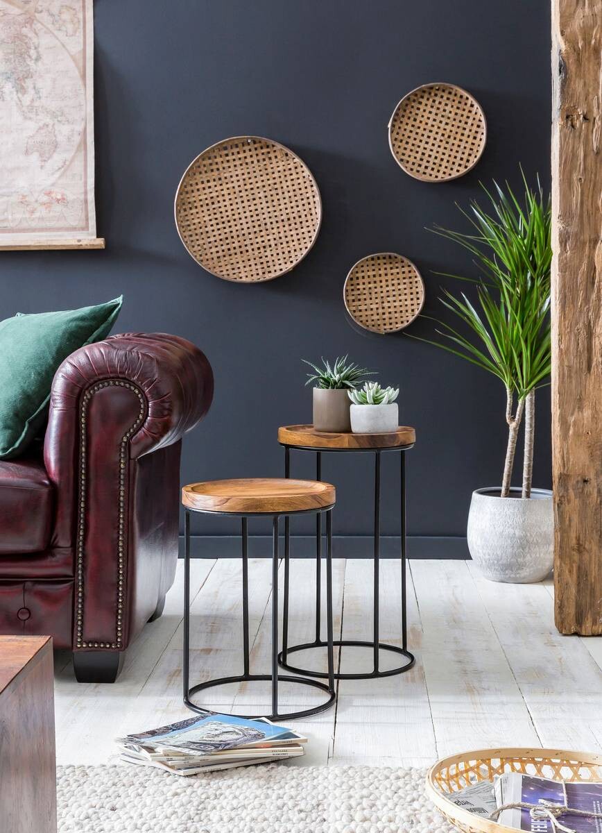 Beistelltisch 2er-Set natur schwarz lackiert Echtholz Eisen