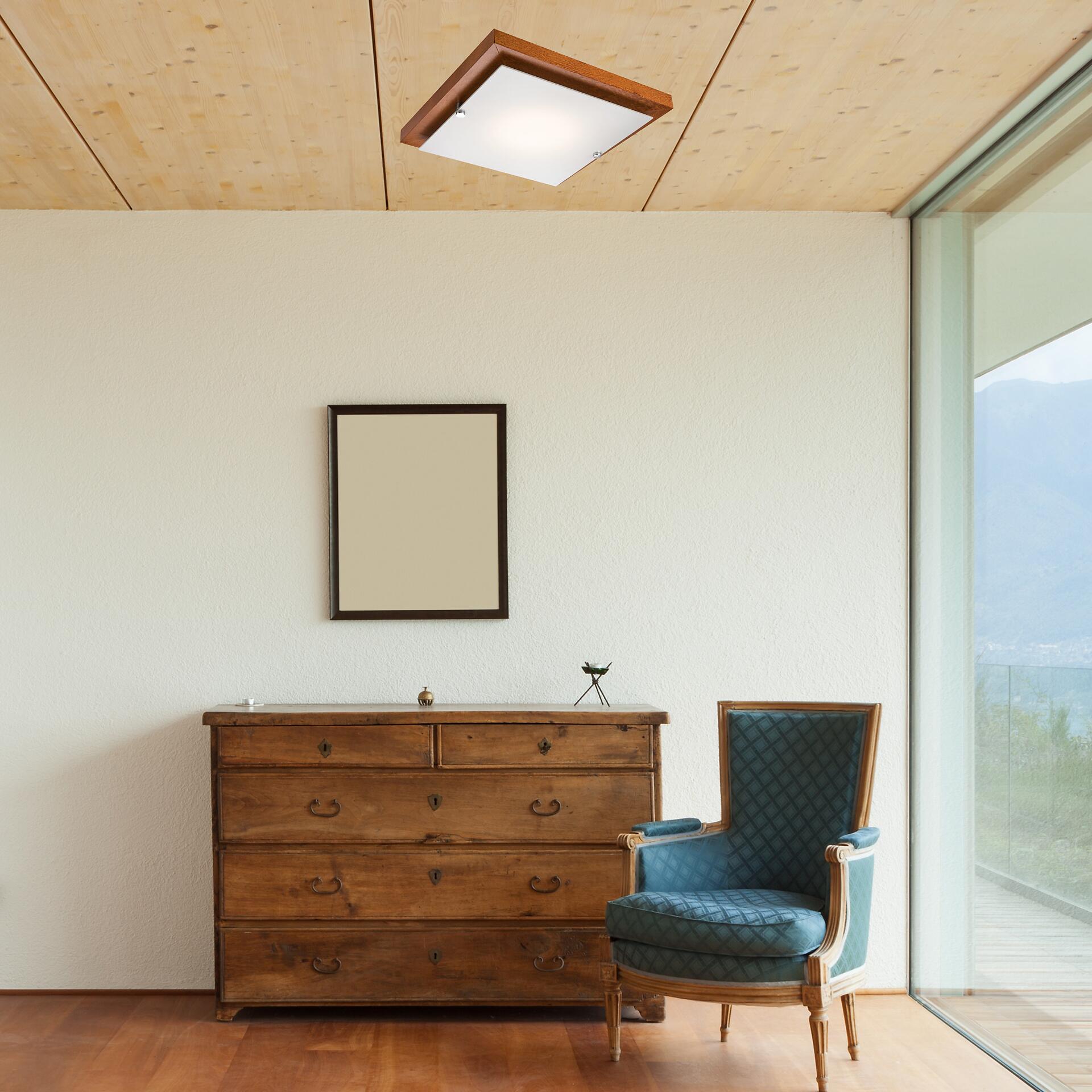 Lamkur Deckenleuchte PEDRO 26978 rustikal Glas Holz H/L: ca. 6,5x30 cm E27 1 Brennstellen