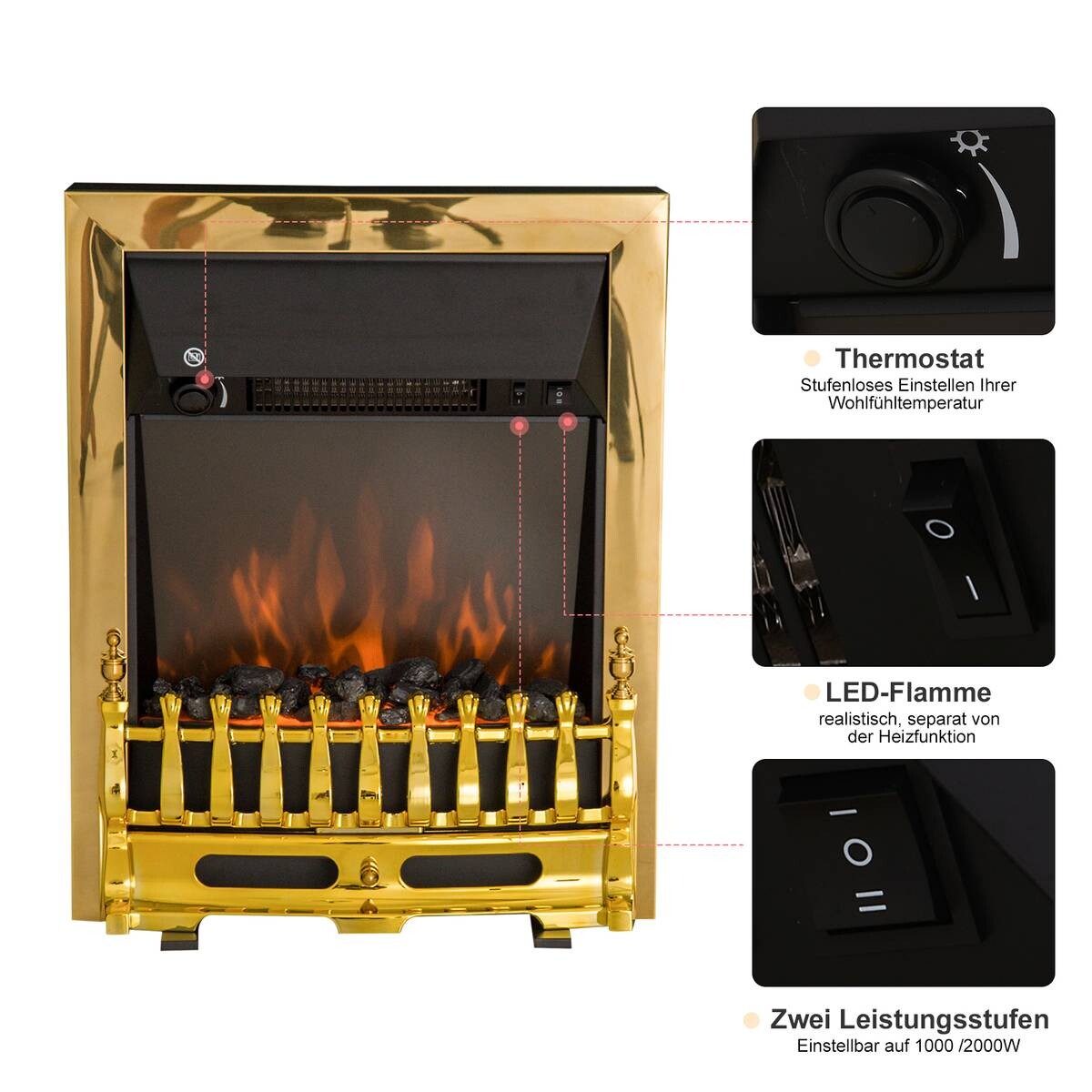 HOMCOM Elektrischer-Kamin 820-043 gold schwarz Metall Kunststoff B/H/T: ca. 48x59x18,5 cm ca. 2000 W