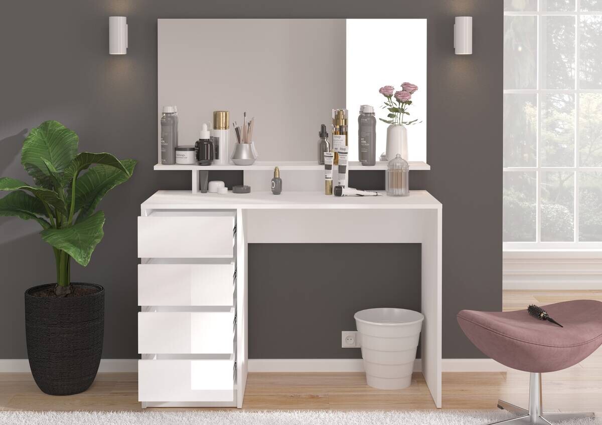 Schminktisch EMMA weiß weiß Hochglanz Spiegel B/H/T: ca. 110x140x48 cm