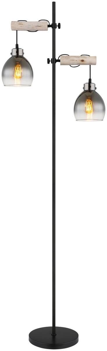 GLOBO Stehleuchte Rauch natur schwarz Glas Holz Metall B/H/T: ca. 25x168x48 cm E27 2 Brennstellen